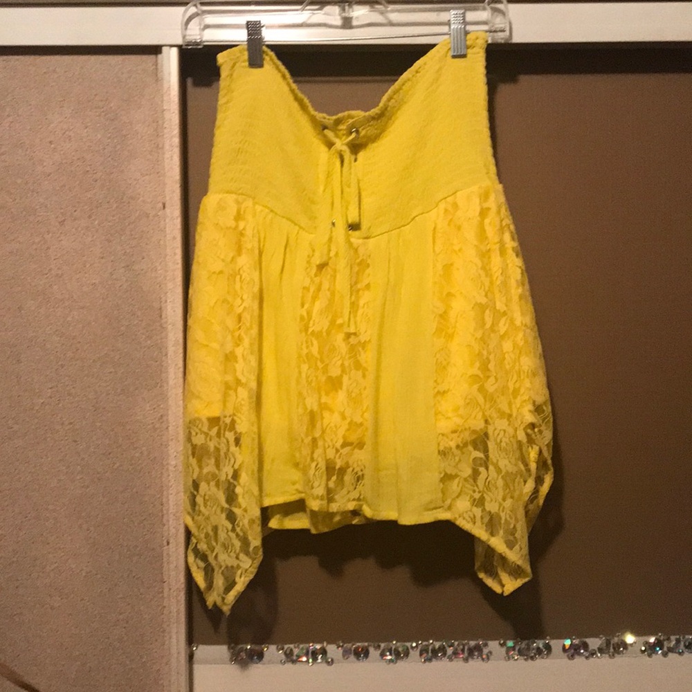 Bright yellow strapless banded lace top